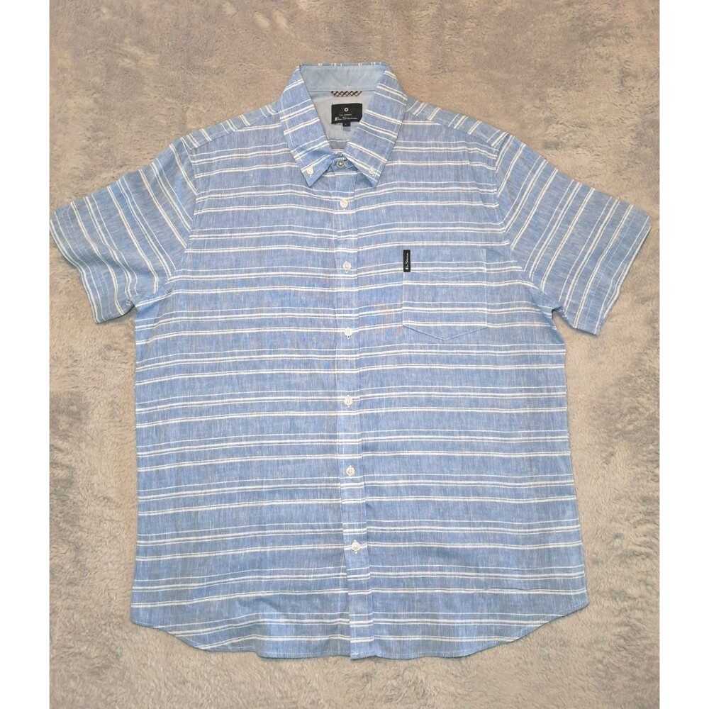 Ben Sherman Shirt Large Blue White Plaid Linen Rayon Casual Button Up Mens